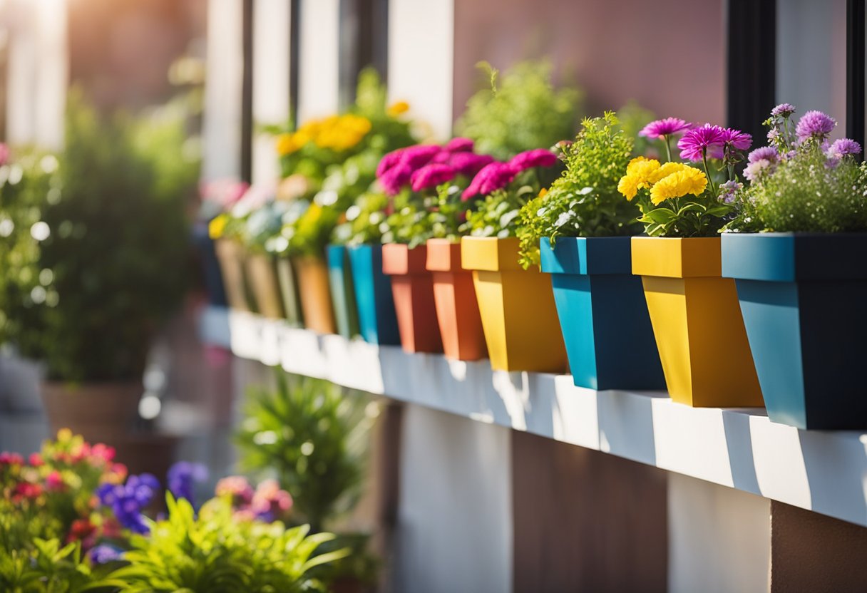 Brightly colored rail planter boxes line a small apartment balcony, filled with an array of vibrant flowers and greenery. The sun shines down, casting a warm glow on the cozy outdoor space