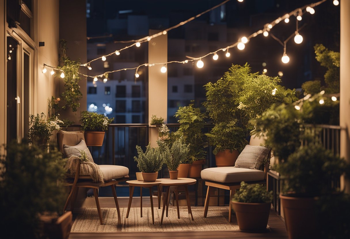 A small apartment balcony adorned with outdoor string lights, potted plants, and cozy seating