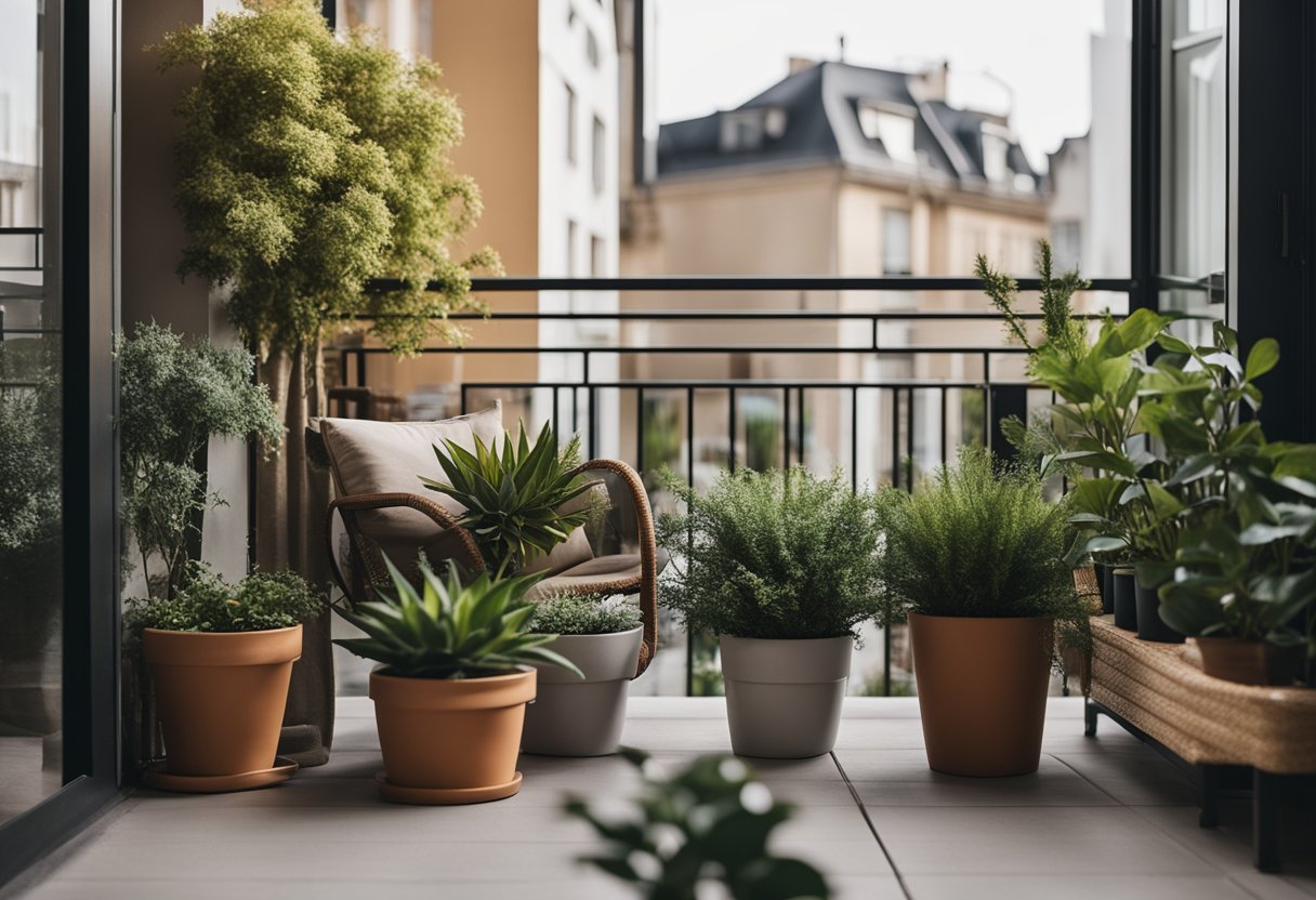 A balcony with a privacy screen, potted plants, and cozy seating