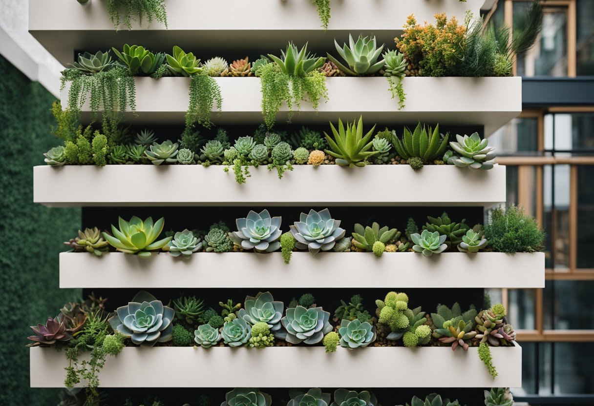 A vertical garden of succulents adorns a small apartment balcony, creating a vibrant and natural wall art display