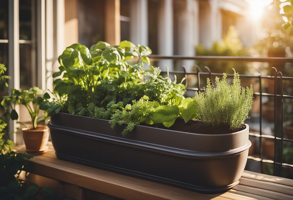 A small vegetable trough sits on a cozy apartment balcony, surrounded by a variety of potted plants and herbs. The sun casts a warm glow on the greenery, creating a peaceful and inviting garden space