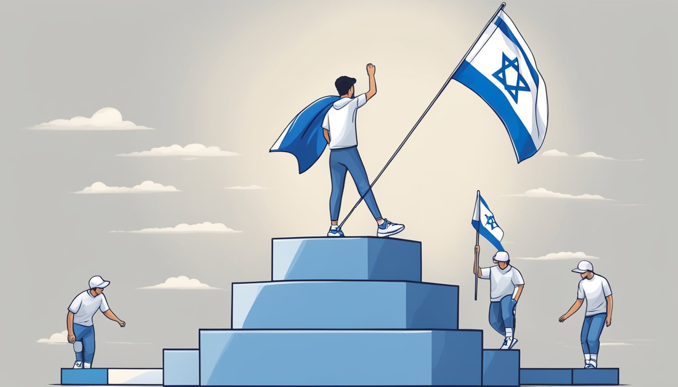 A person wearing Nike shoes placing a flag of Israel on a pedestal