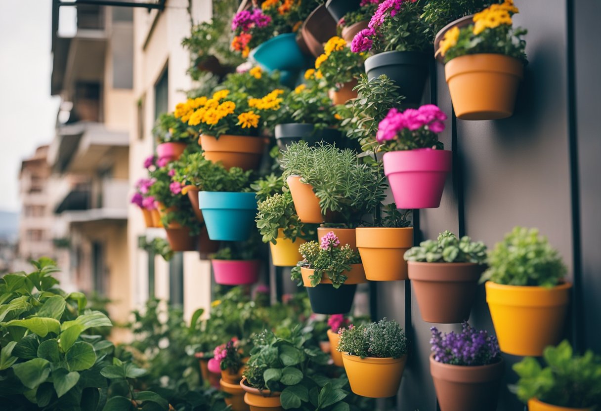 Vibrant flower pots line a small apartment balcony, adding a burst of color to the space. Each pot is filled with a variety of blooming flowers, creating a lively and inviting garden atmosphere