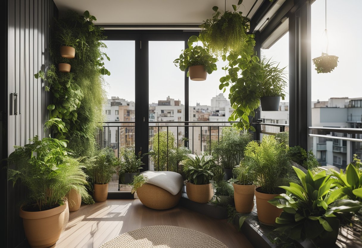 Lush plants fill a small apartment balcony, providing a serene oasis. Hanging planters and vertical gardens maximize space. A cozy seating area invites relaxation