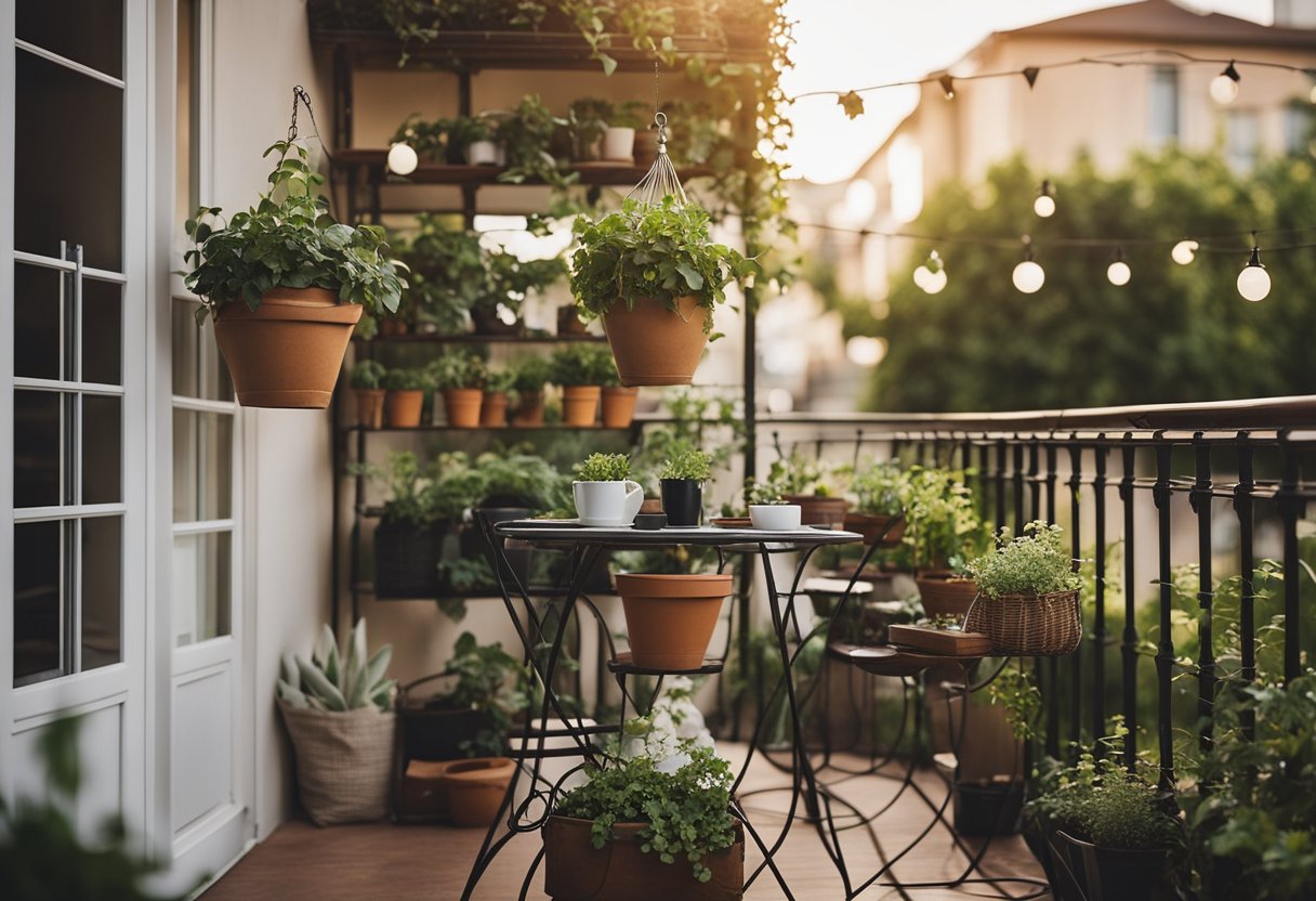 A cozy balcony garden with potted plants, hanging baskets, and a small bistro set. A trellis with climbing vines adds privacy, while string lights create a warm ambiance