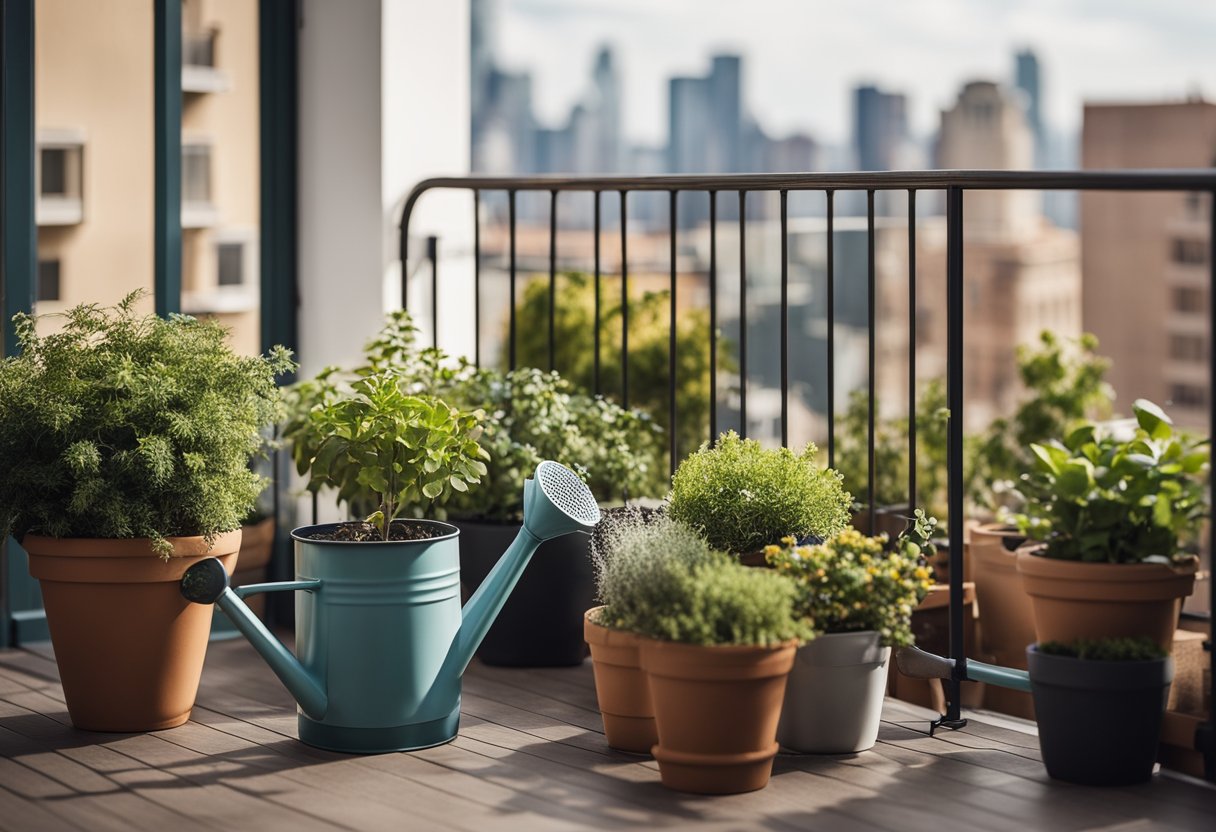 A small balcony with potted plants, hanging baskets, and a small garden bed. A watering can and gardening tools are neatly organized in a corner. The balcony is surrounded by a railing with a view of the city skyline