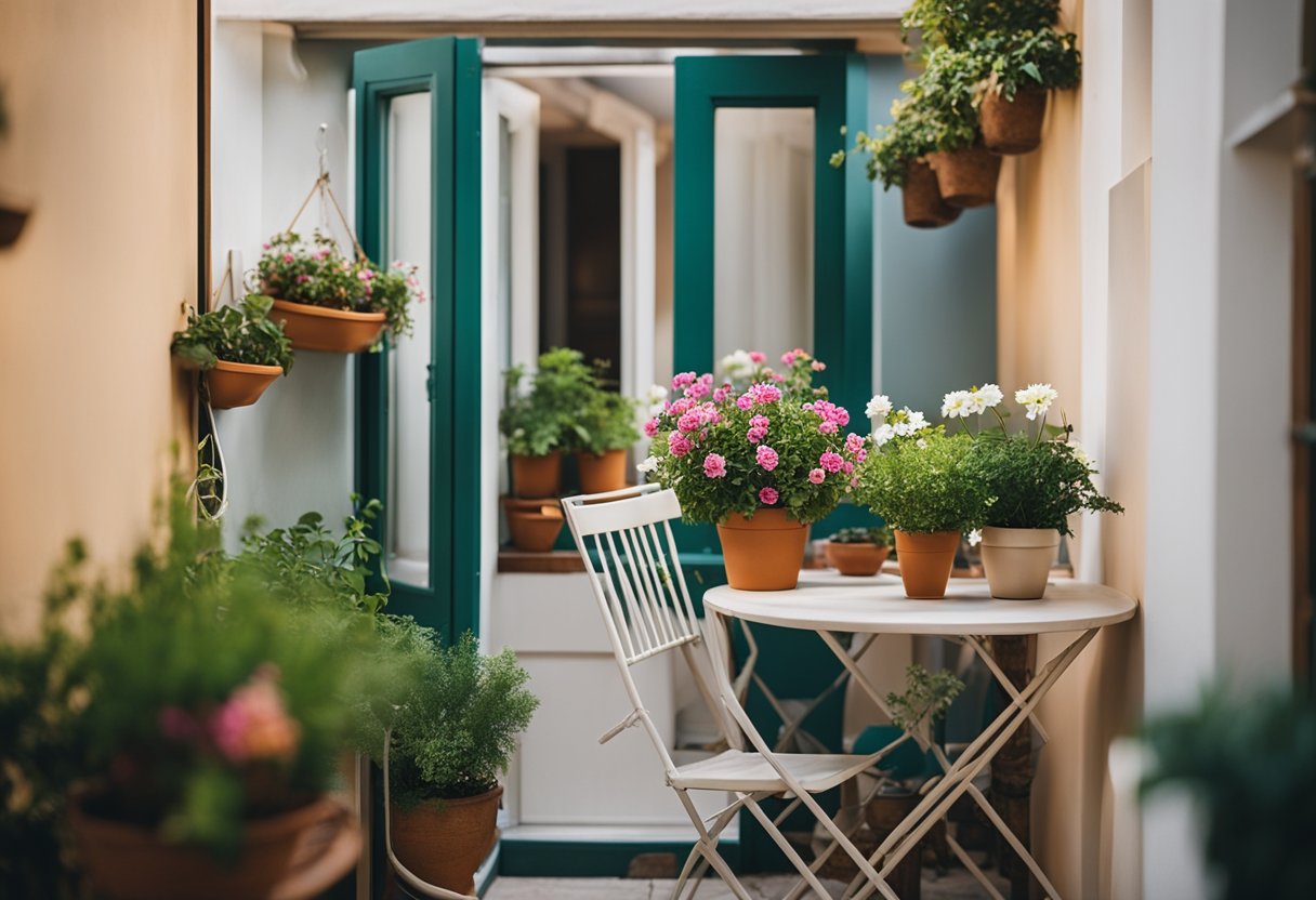 A cozy balcony with potted plants, hanging baskets, and a small table and chairs. The space is filled with greenery and colorful flowers, creating a peaceful and inviting atmosphere