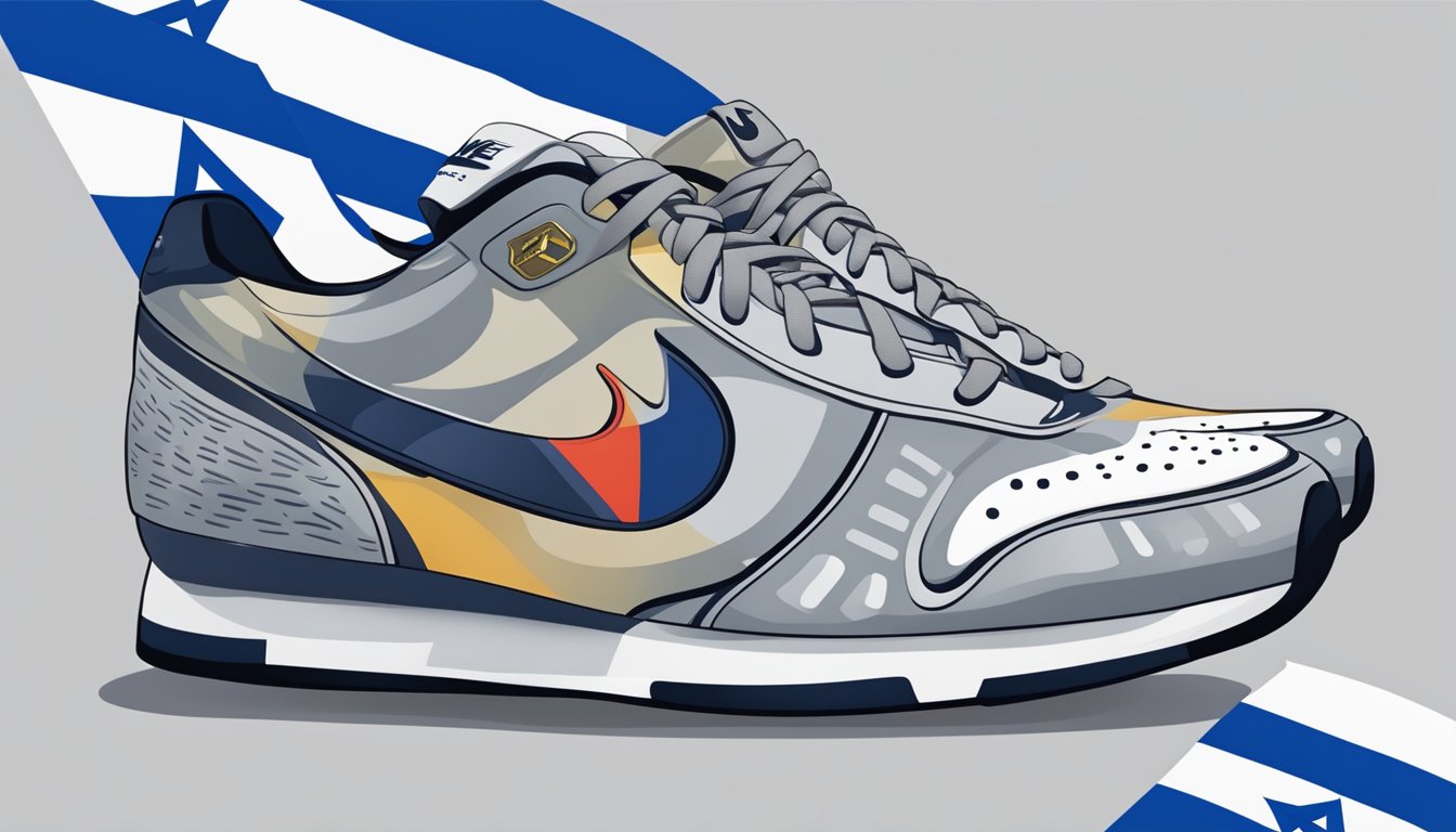 A Nike shoe with the Israeli flag and cultural symbols in the background