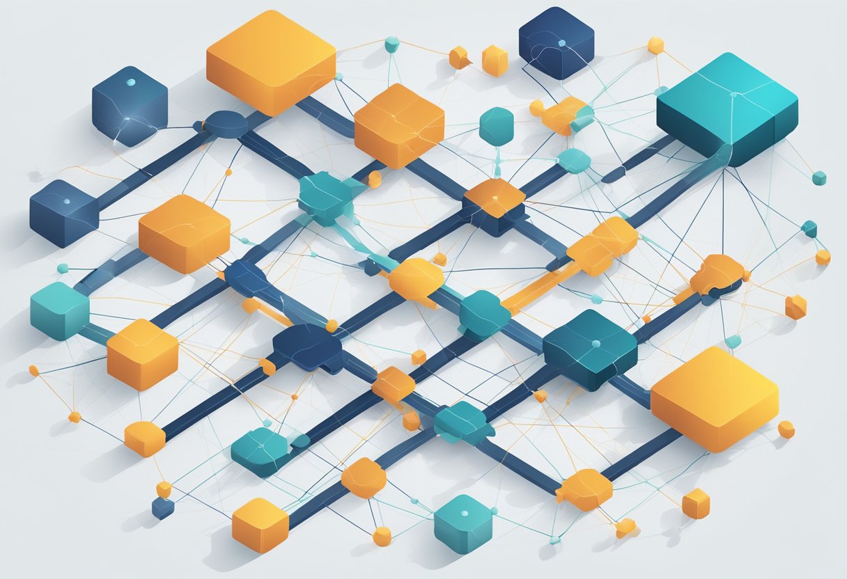 A network of interconnected nodes with data flowing into a central hub, surrounded by graphs and charts representing analytics