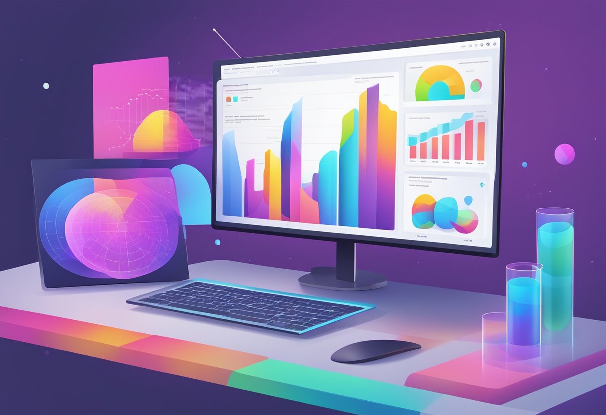 A computer screen displays colorful data visualizations, with charts and graphs coming to life, representing the transformation of raw data into immersive experiences