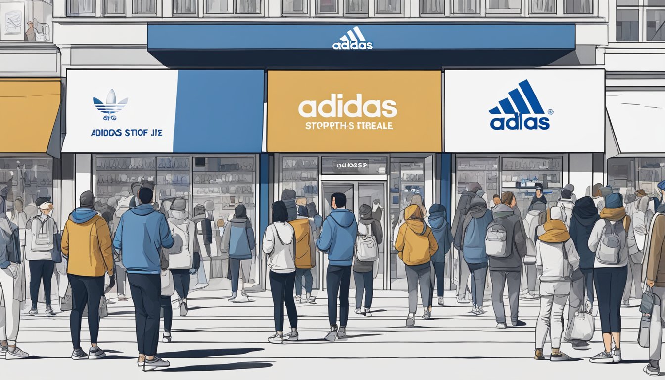 A group of people standing in front of a large Adidas store, some holding signs expressing support for Israel, while others hold signs questioning Adidas' stance. The store displays a mix of Adidas products, with a diverse crowd of shoppers passing by