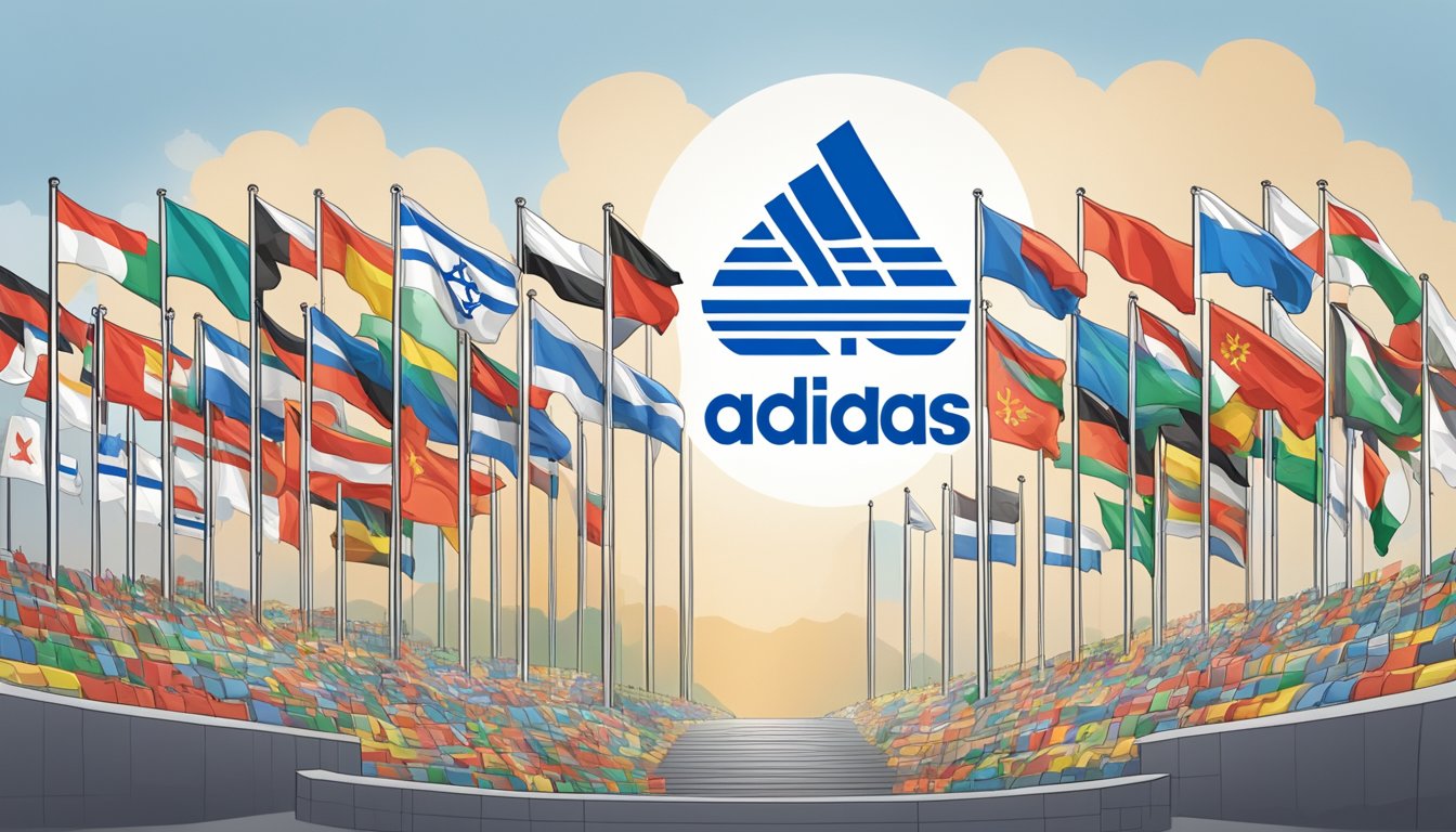 Adidas logo displayed alongside flags of different countries. Israeli flag present. No human figures