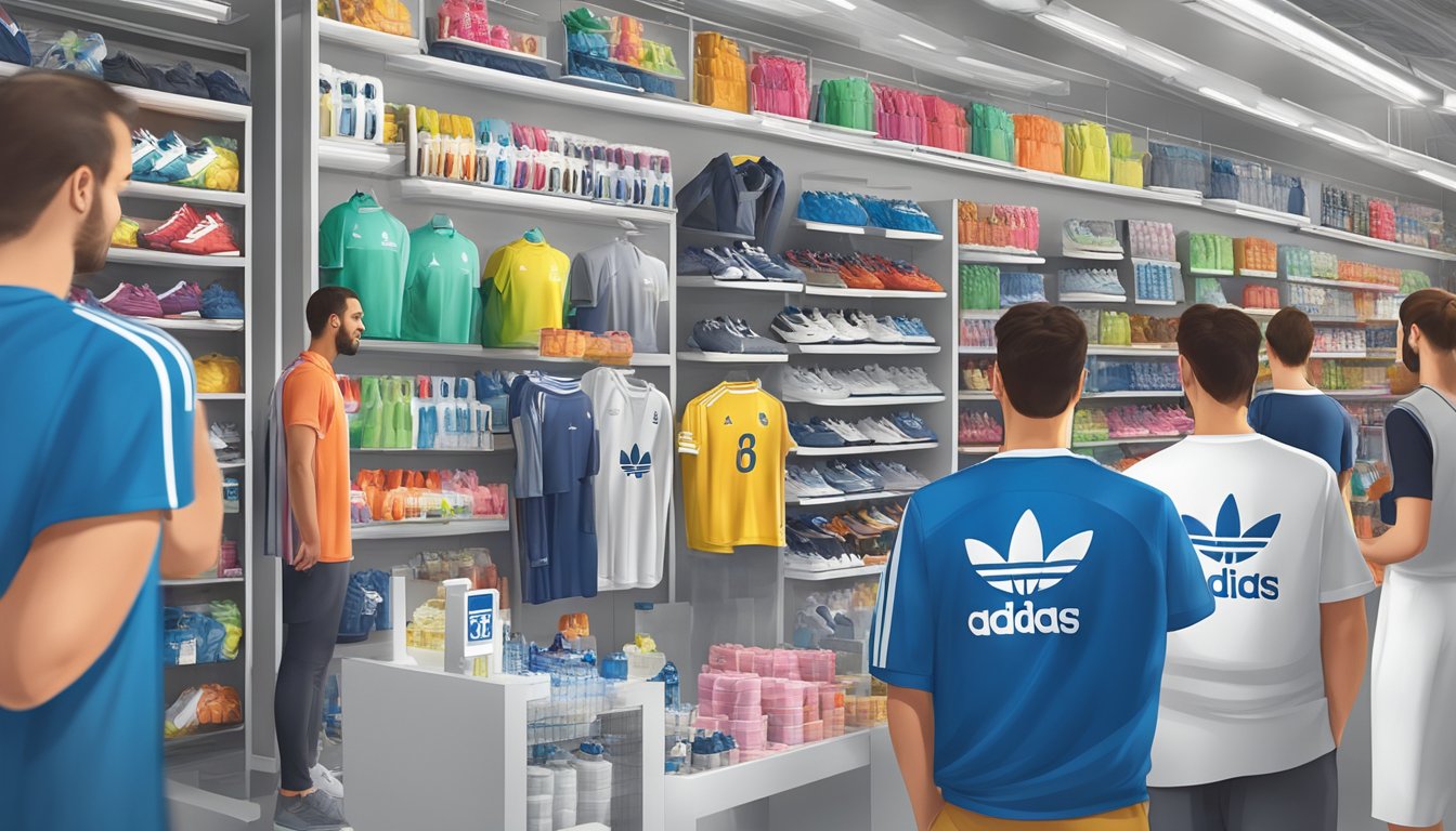 Adidas logo displayed in Israeli market with local consumers purchasing products