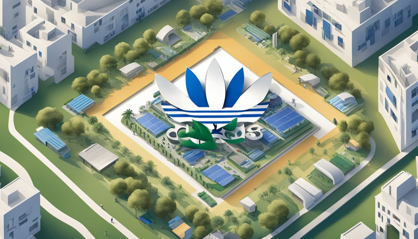 Adidas logo displayed with Israeli flag, alongside community projects and sustainability initiatives