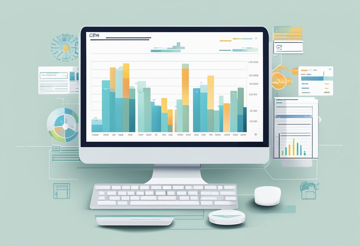 A graph showing increased sales and a computer screen displaying a CRM system for E-commerce