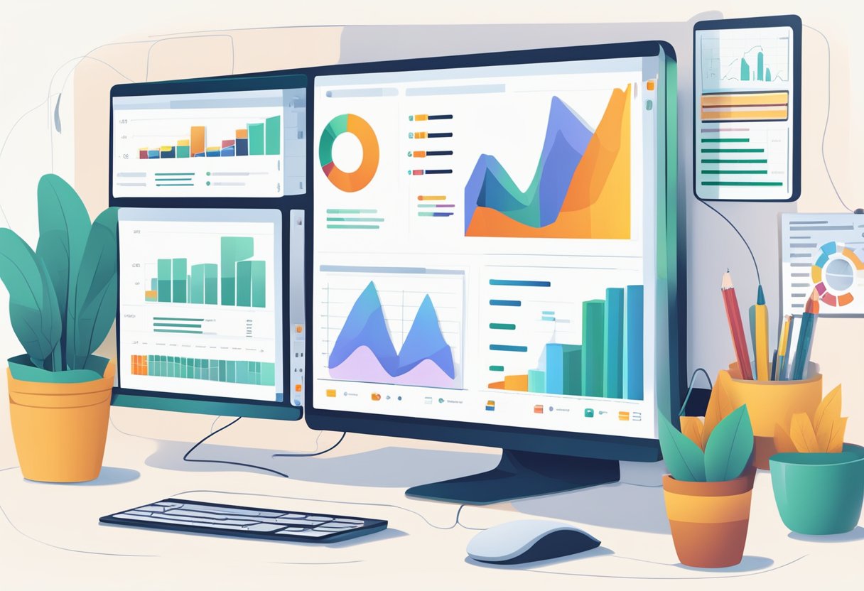 A computer screen displays a CRM system with graphs and charts. A hand hovers over a mouse, ready to input data. A phone and notebook sit nearby, symbolizing client maintenance and dedication