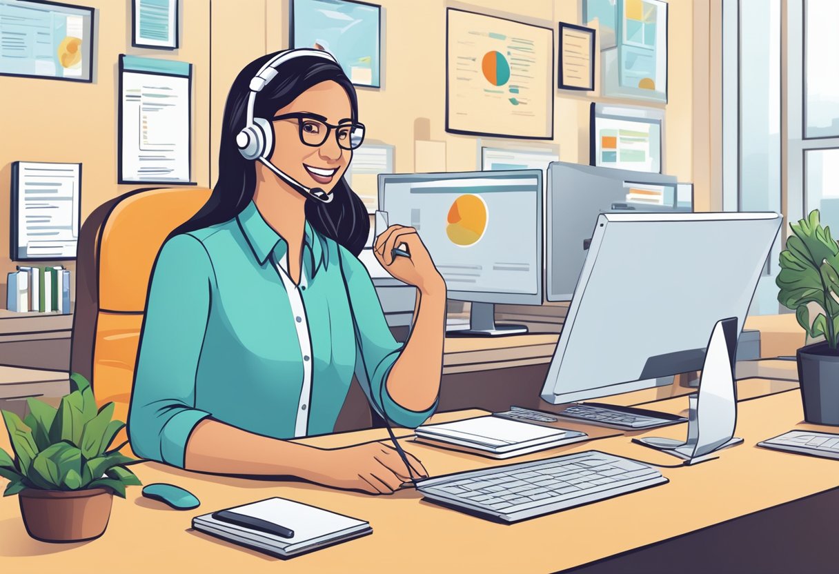 A customer service representative uses CRM software to enhance client experience