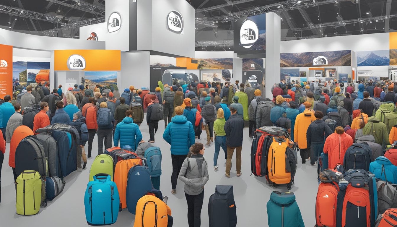 The North Face logo displayed among various outdoor gear brands in a crowded trade show