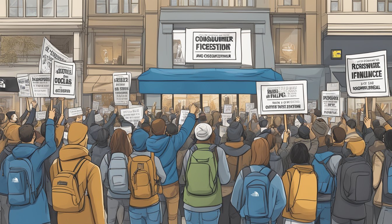 A group of protestors holding signs and chanting outside The North Face store, with flags of Israel and messages of consumer activism and influence