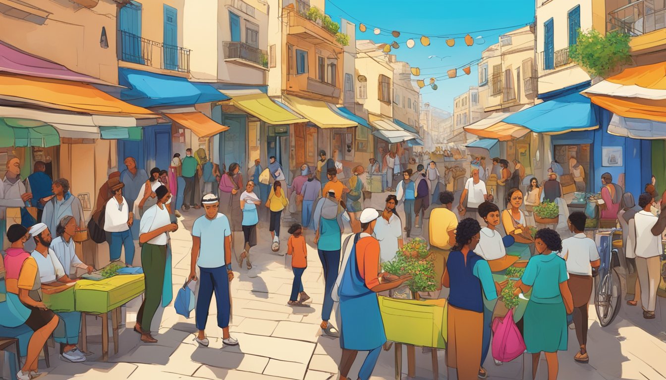 A bustling street in Israel, with people of diverse backgrounds engaging in lively discussions about the cultural impact and public perception of their country. The scene is filled with vibrant colors and energy, showcasing the dynamic nature of Israeli society