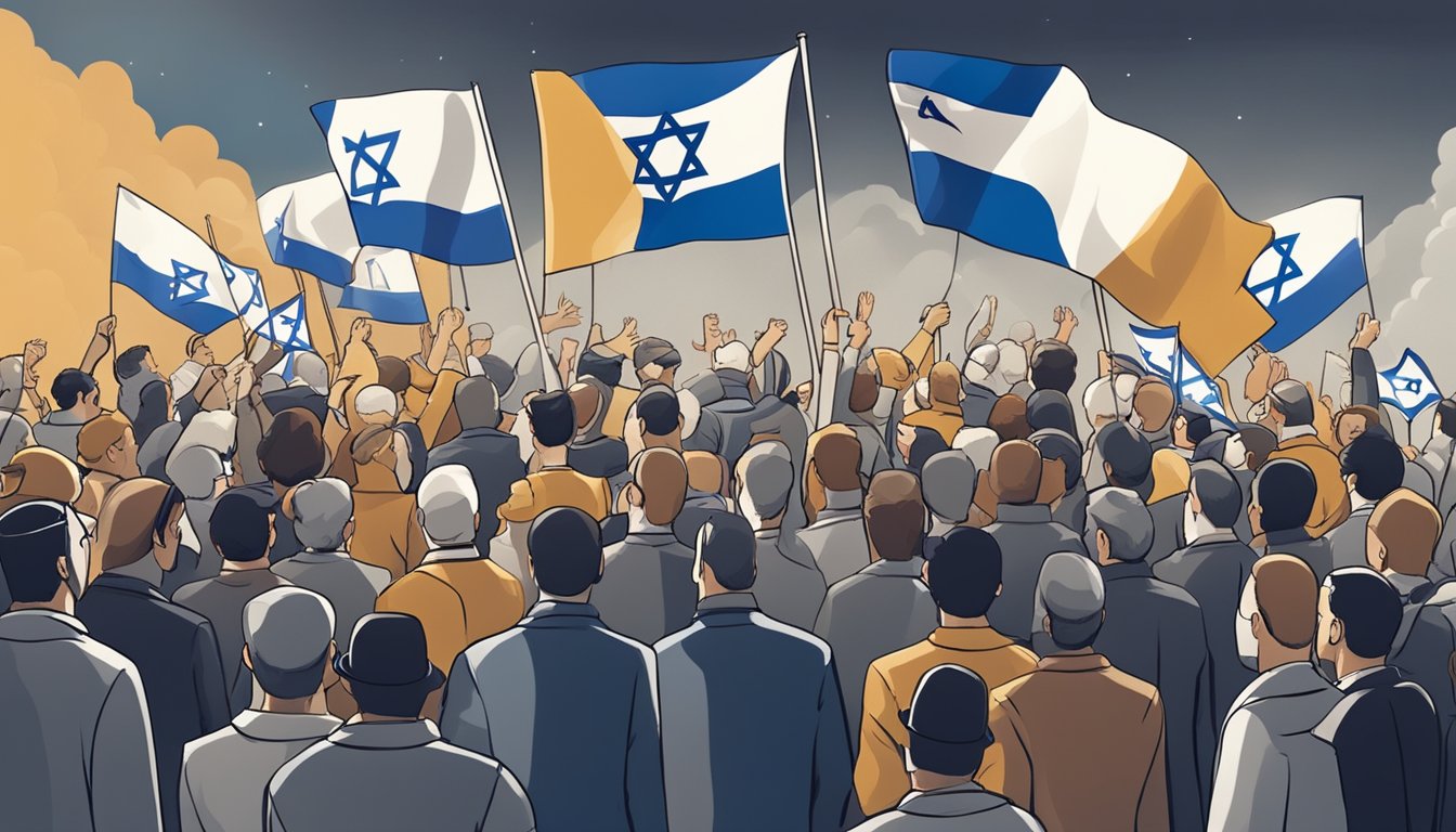 A crowd gathers around a heated debate on Israel's support, with conflicting signs and flags waving in the air