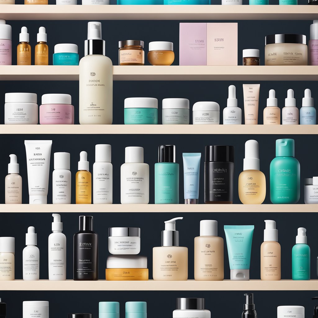 A colorful array of skincare products, including serums, creams, and masks, are neatly arranged on a clean, minimalist shelf. Each product is labeled with Korean characters and boasts key ingredients and benefits for healthy, radiant skin