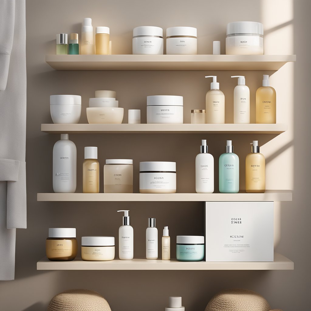 A serene, minimalist bathroom shelf adorned with colorful bottles and jars of top Korean skincare brands, showcasing the essence of a meticulous skincare routine