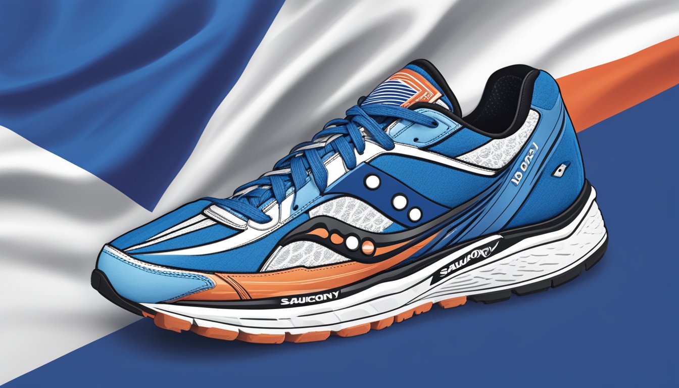 Saucony's logo prominently displayed with an Israeli flag in the background, showcasing support for Israel