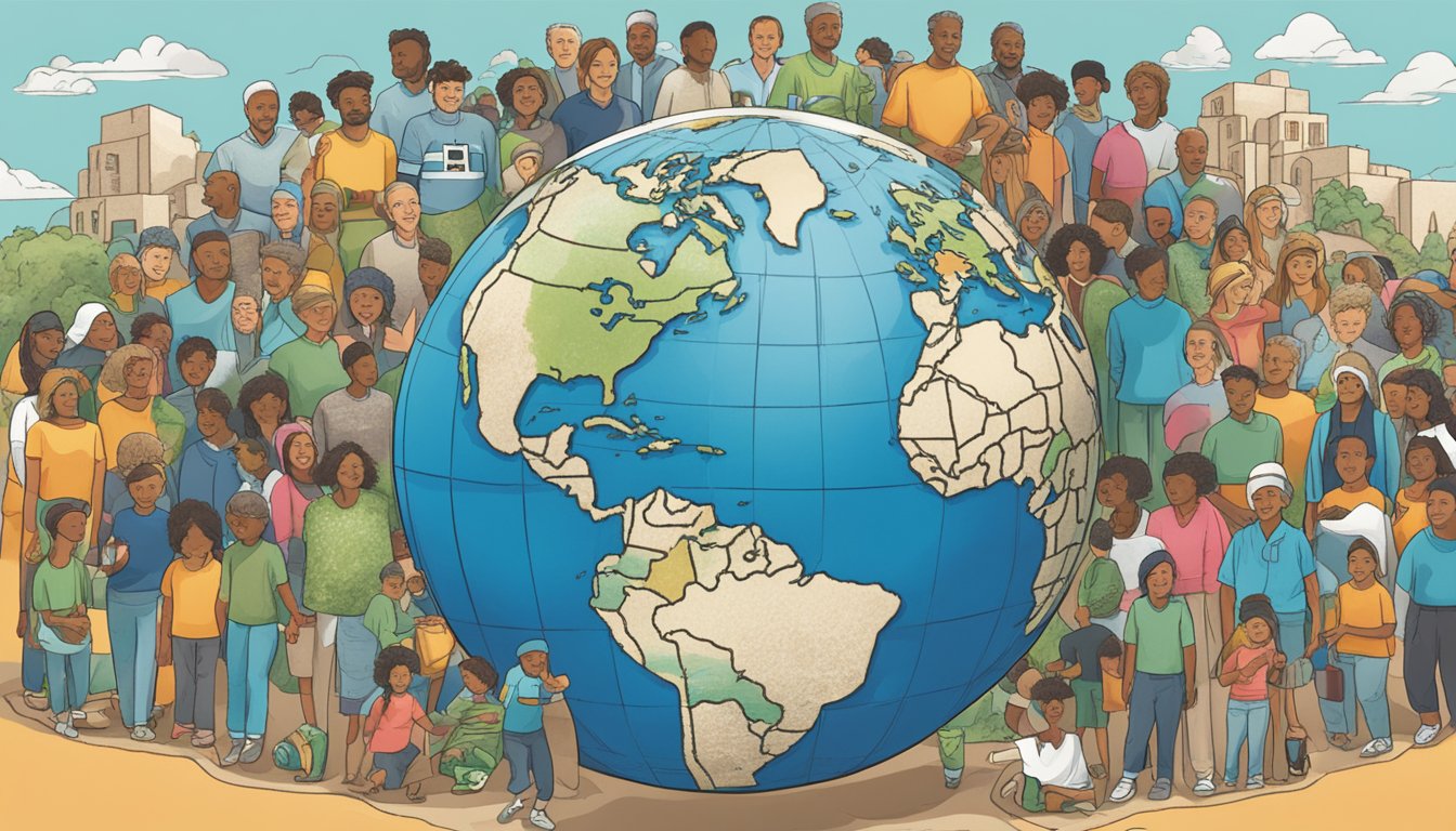 Saucony's CSR: a globe with Israel highlighted, surrounded by diverse people and sustainable symbols