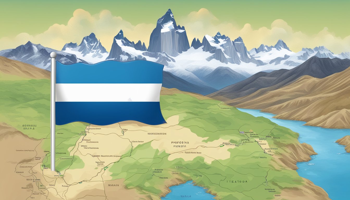 A map of Patagonia with an Israeli flag flying over a scenic landscape