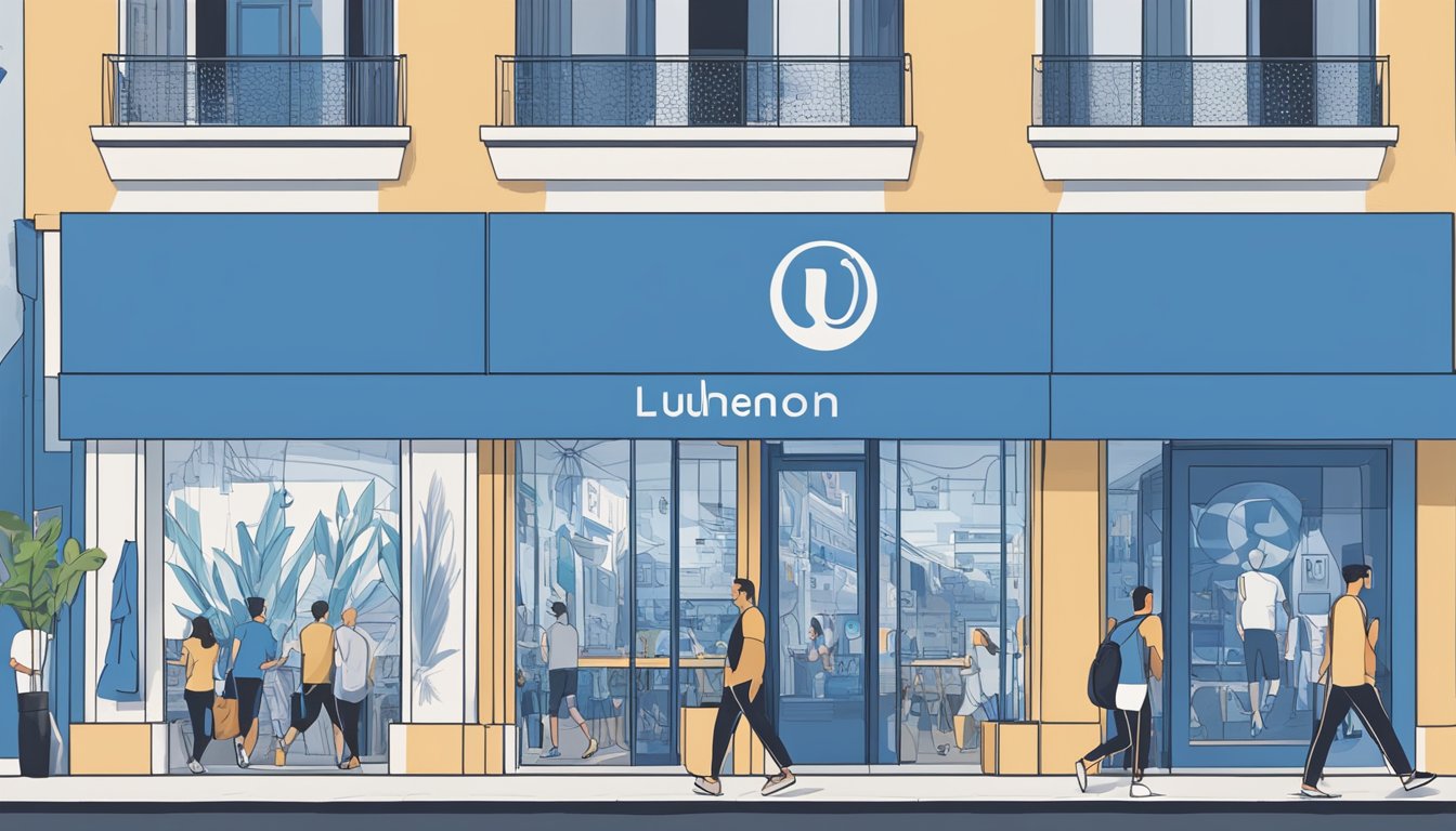 Lululemon logo on storefront in Tel Aviv, Israel. Busy street scene with people walking by. Blue and white flag visible