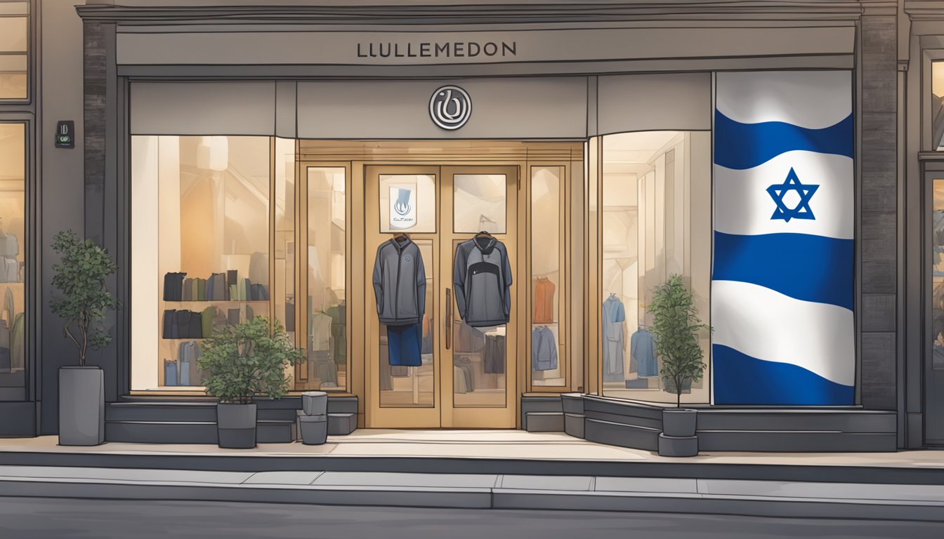 Lululemon logo on a store window with Israeli flag in background