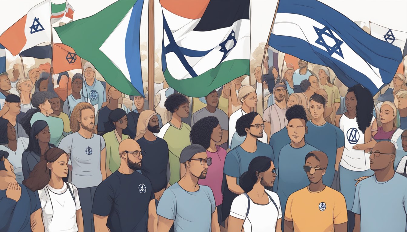 A diverse group discusses Lululemon's stance on Israel, with flags and symbols representing both sides present