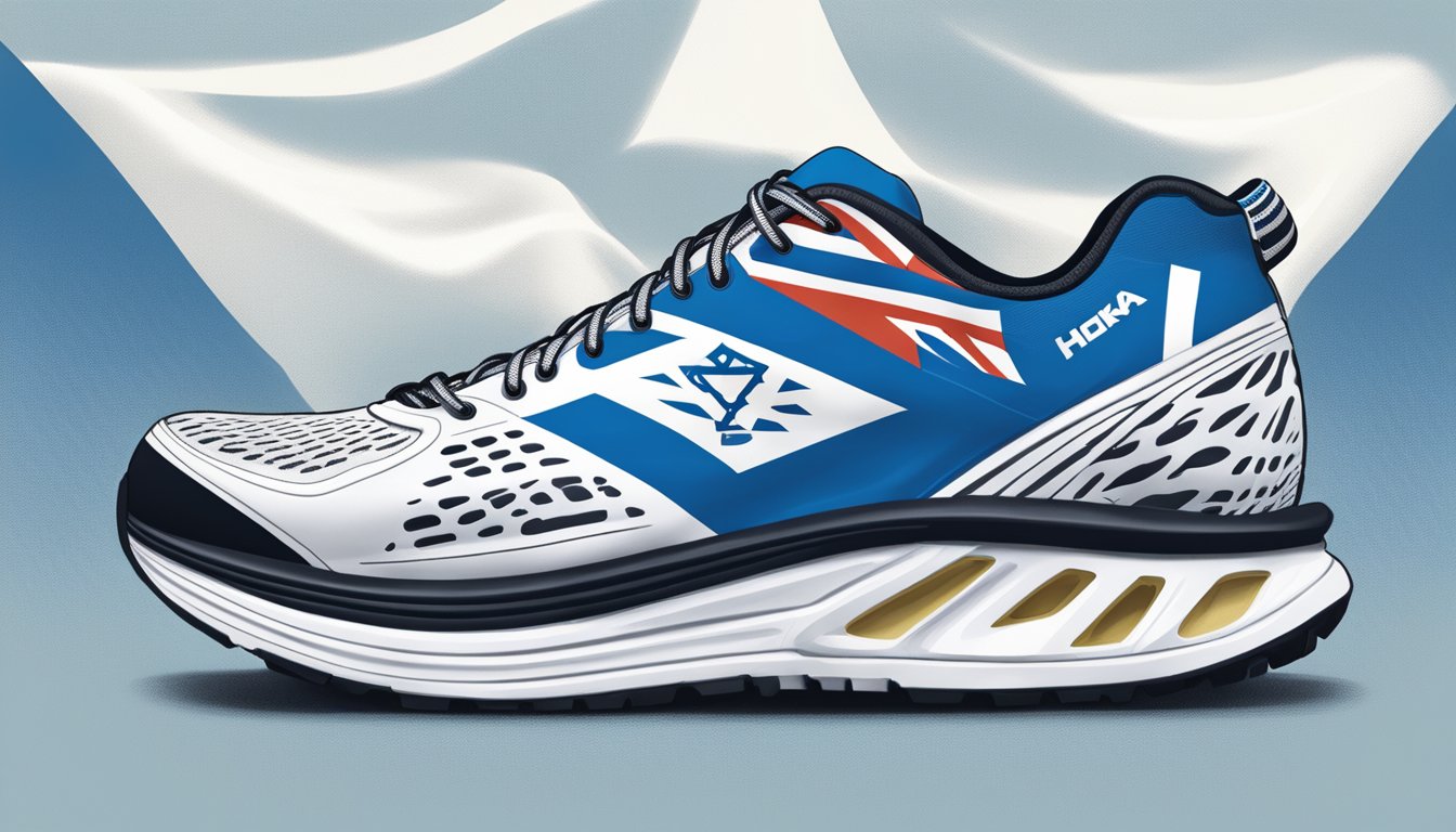 A pair of Hoka One One shoes with an Israeli flag in the background