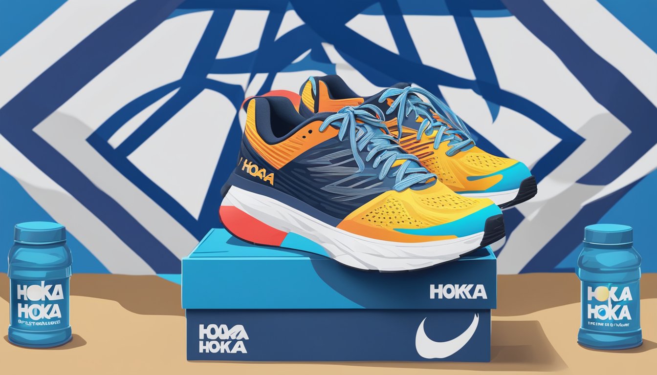 A colorful Hoka One One shoe box sits on a shelf with a backdrop of the Israeli flag