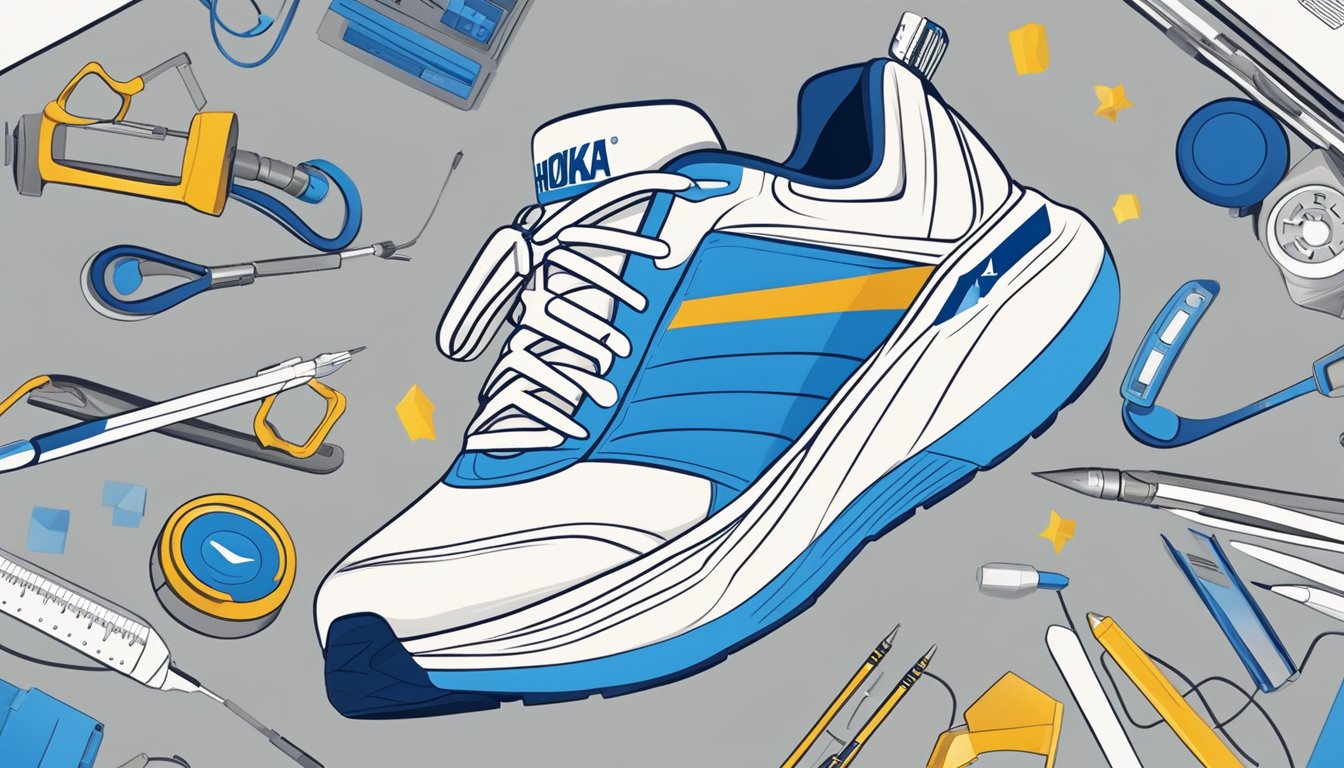 A Hoka One One shoe with the Israeli flag on the sole, surrounded by innovative design tools and prototypes