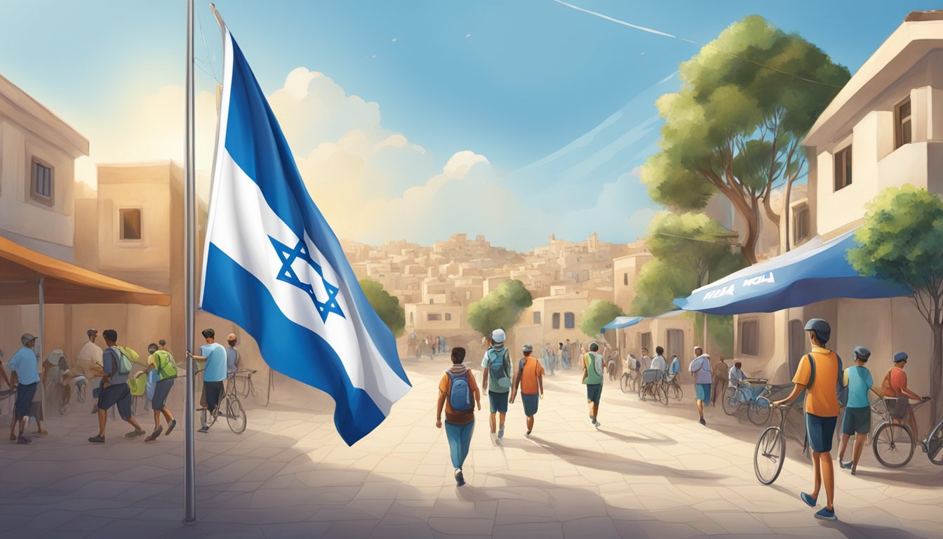 Hoka One One logo displayed next to Israeli flag with community engagement activities in background