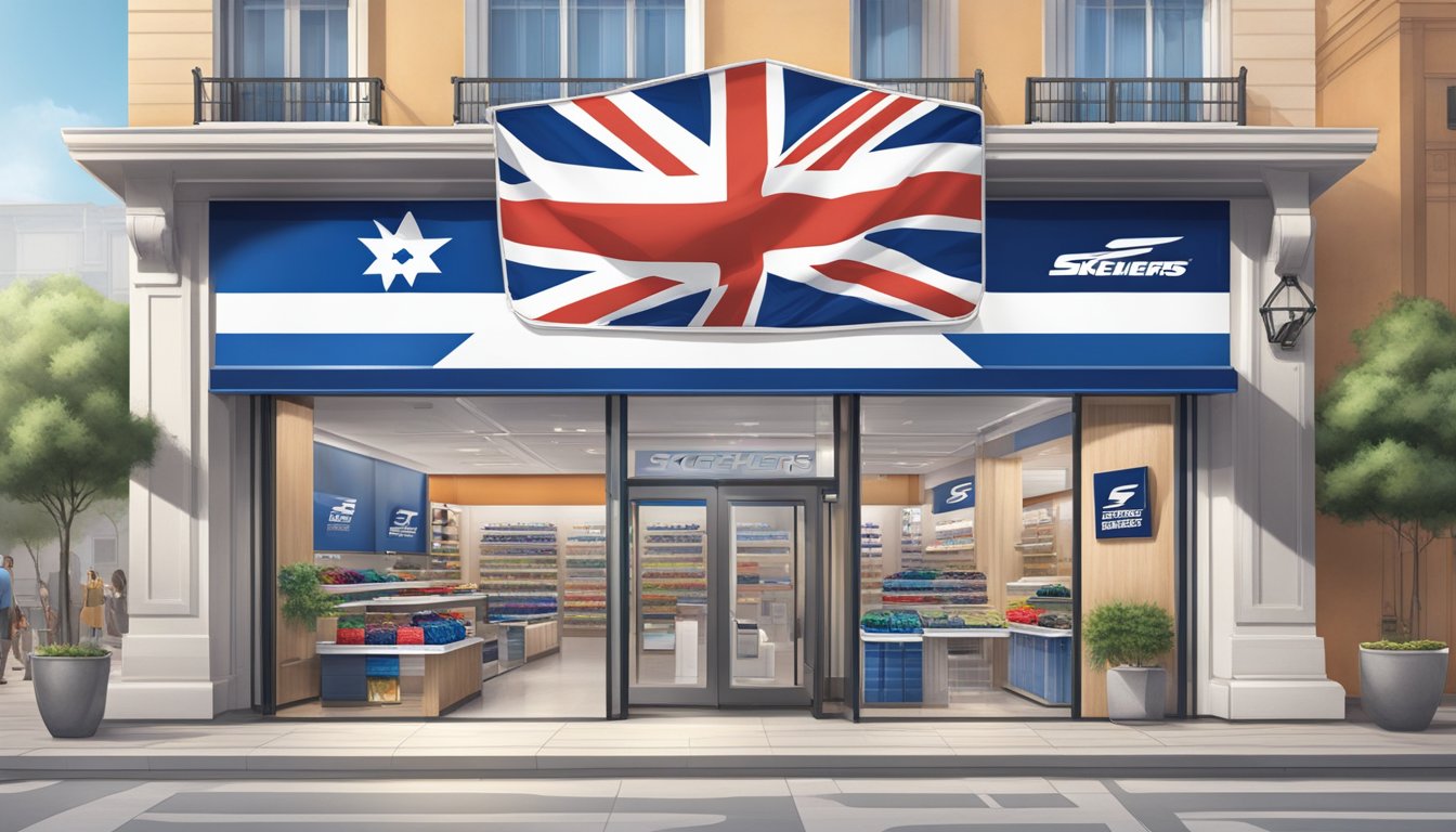 A Skechers store with the Israeli flag displayed prominently