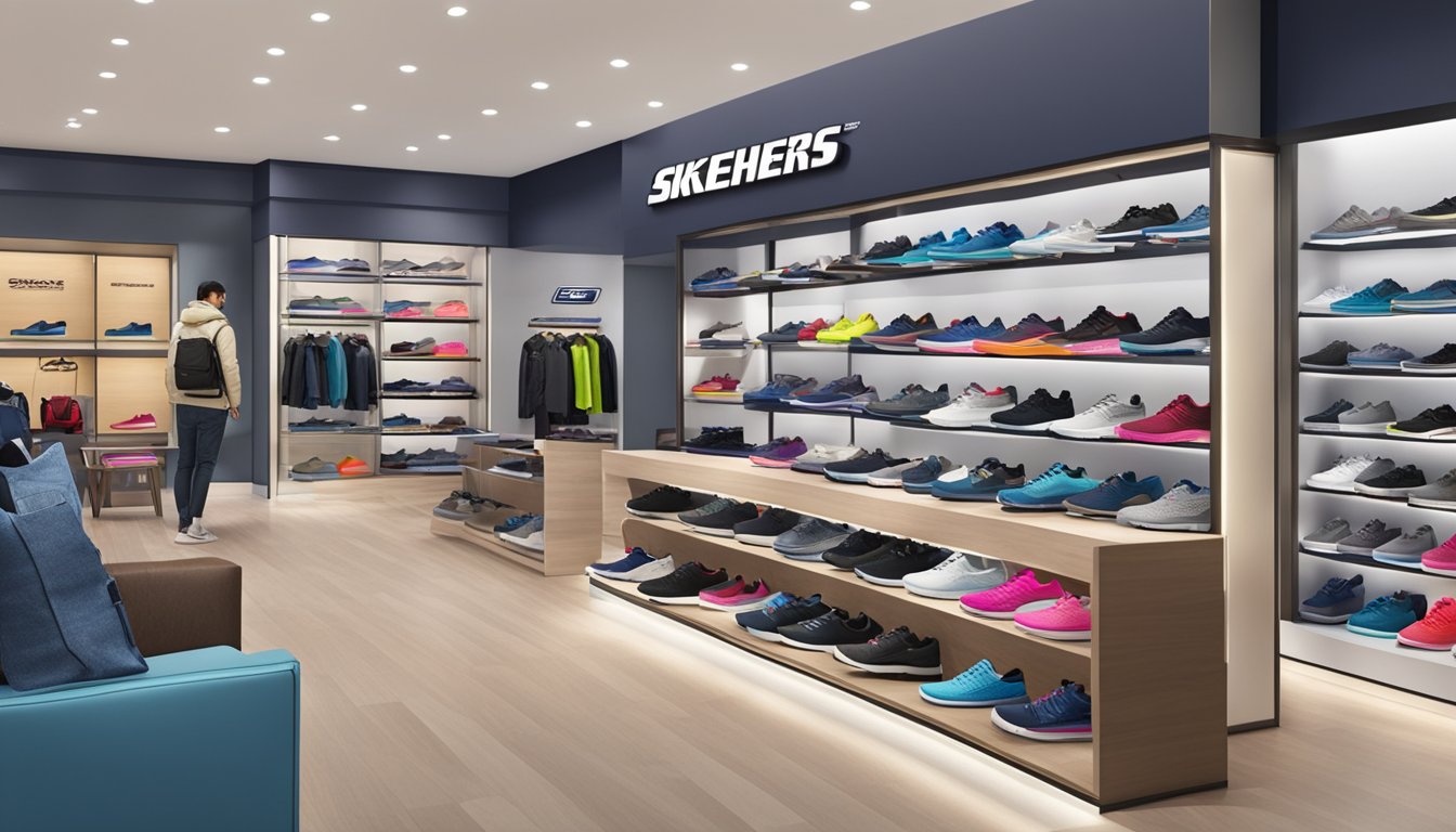 A Skechers store with the company logo prominently displayed. The store is busy with customers trying on shoes and browsing the latest styles