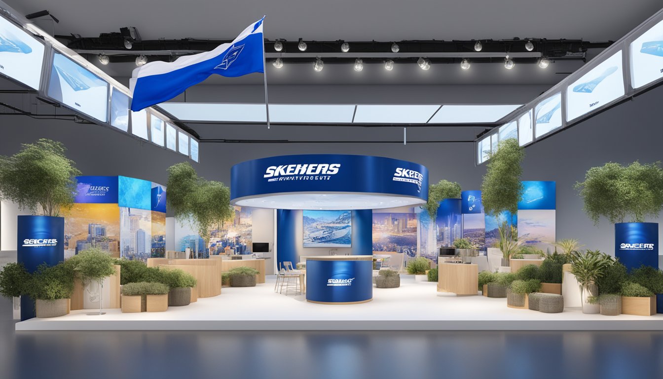 Skechers' logo prominently displayed at a corporate event with Israeli flag and sponsorship banners in the background