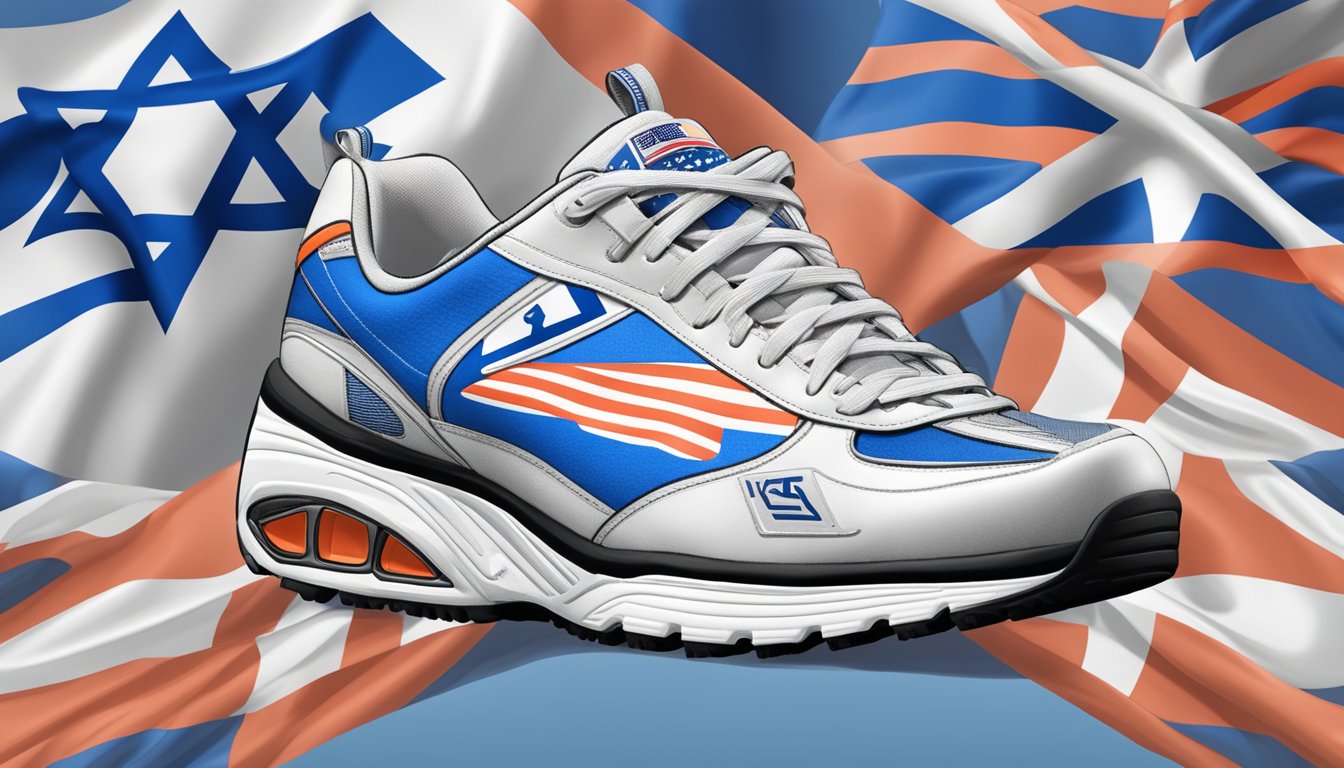 A Skechers shoe with an Israeli flag design, surrounded by political symbols and signs of support