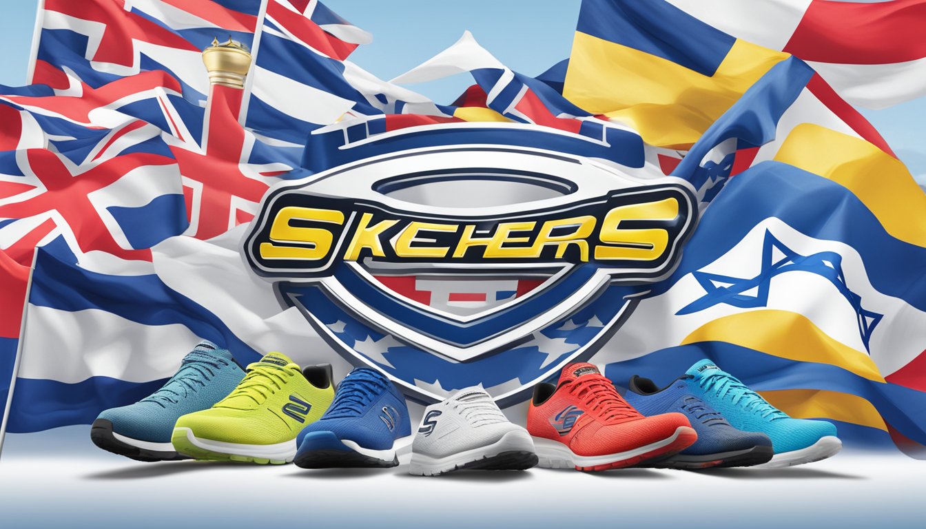 Skechers logo surrounded by question marks and flags, including Israeli flag