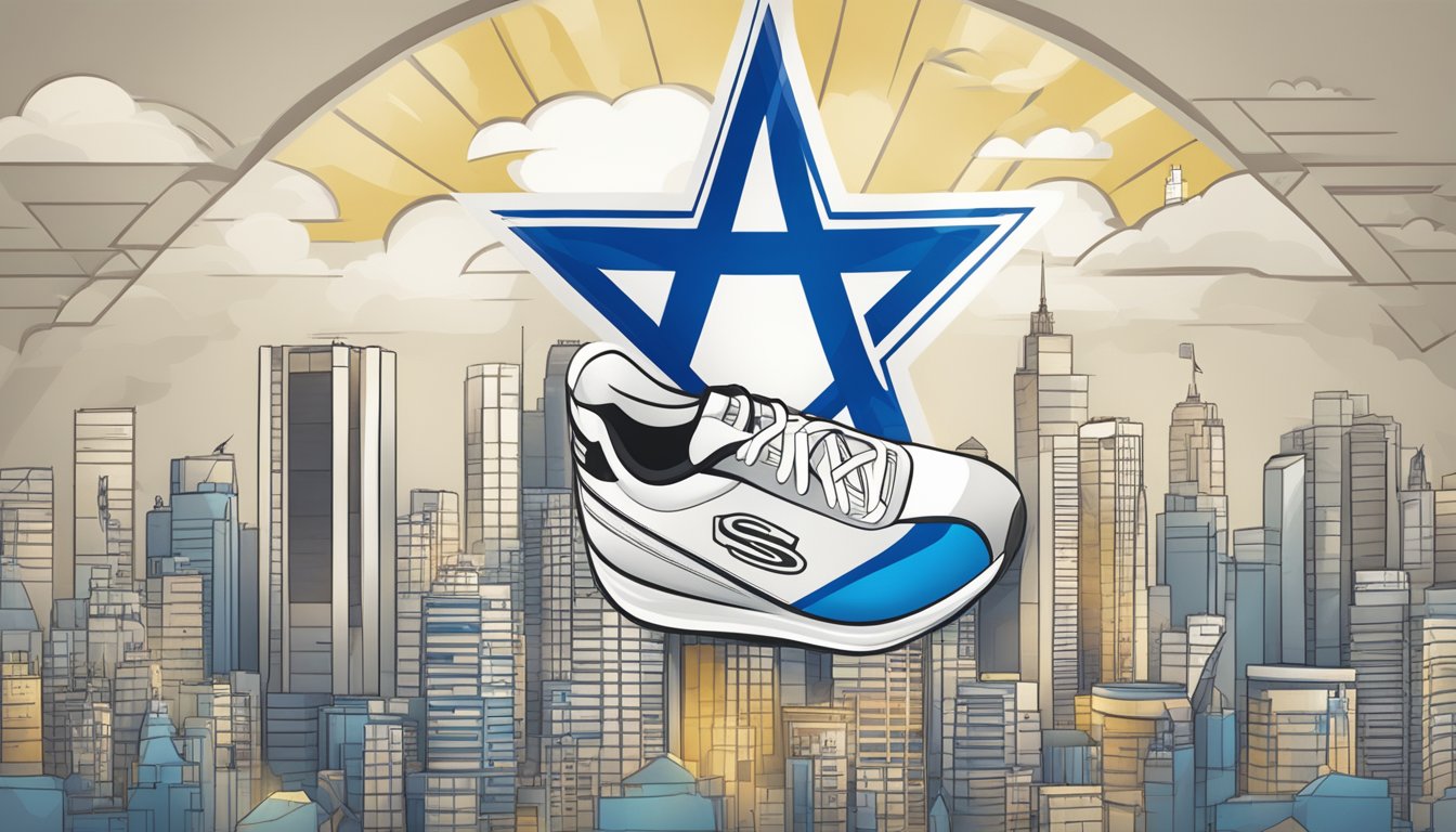 Skechers logo displayed with Israeli flag. Social initiatives poster nearby