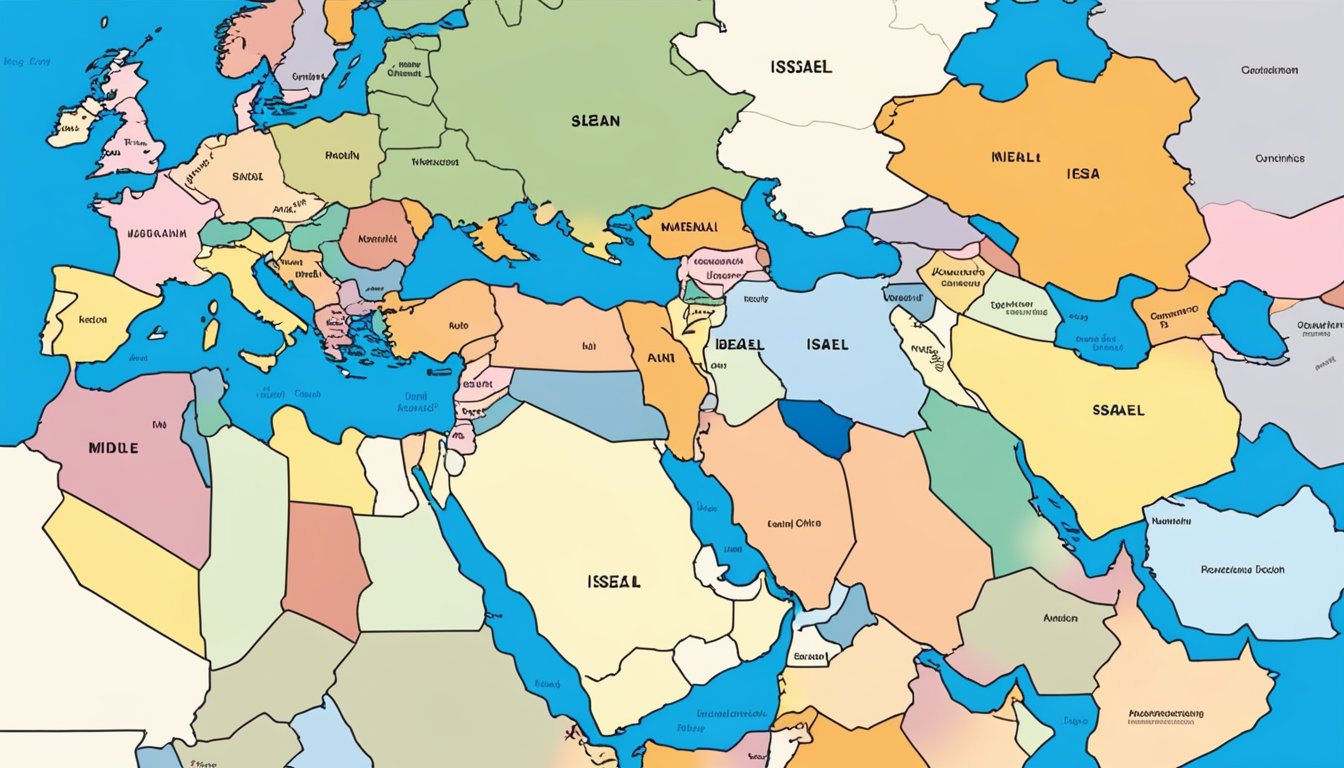 A map of the Middle East with Israel highlighted, surrounded by neighboring countries and conflict zones