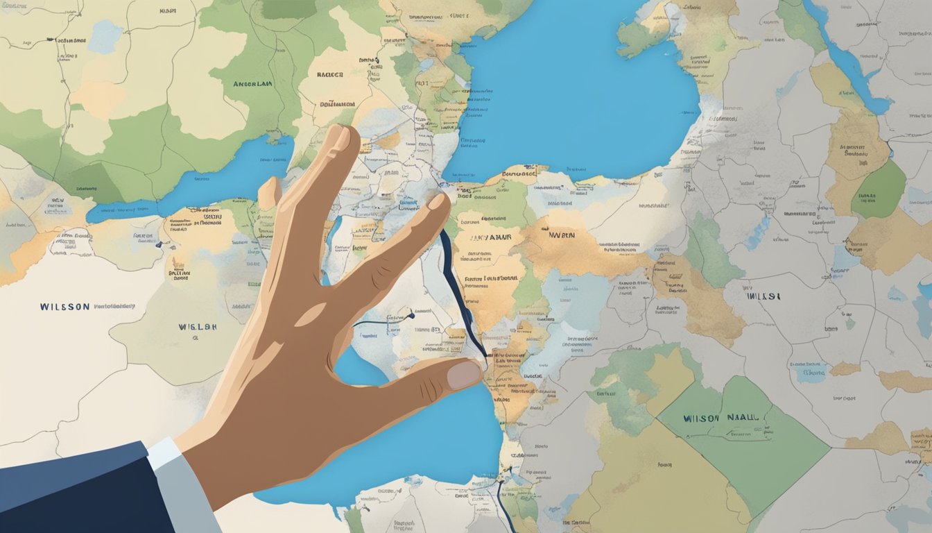 Wilson provides economic and humanitarian aid to Israel. The scene shows a hand reaching out to offer support to Israel, with a map of the country in the background