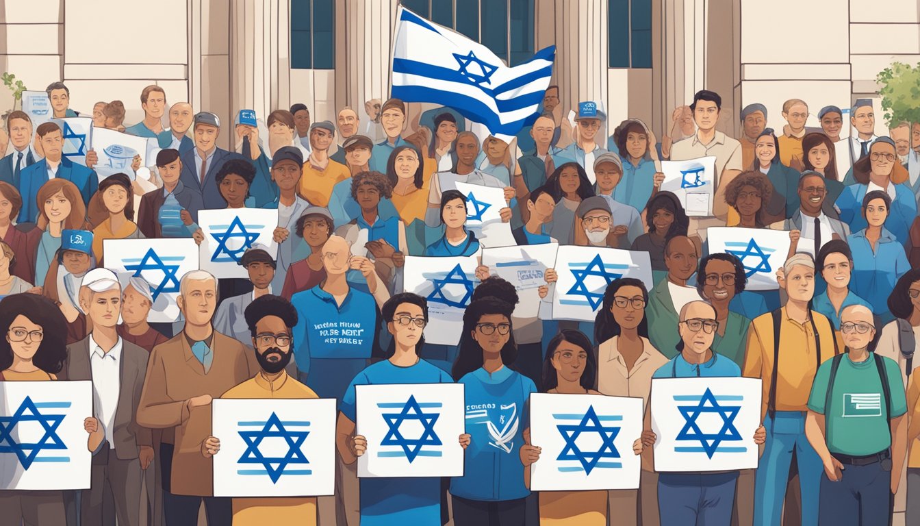 A group of people holding signs with messages of support for Israel, standing in front of a government building