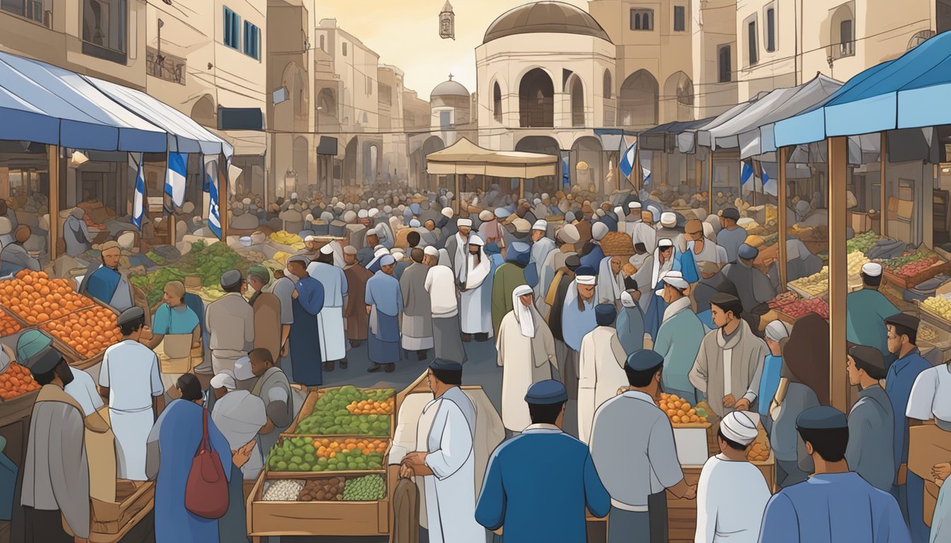 A bustling market with Israeli flags and symbols, a synagogue, and people of different faiths interacting peacefully