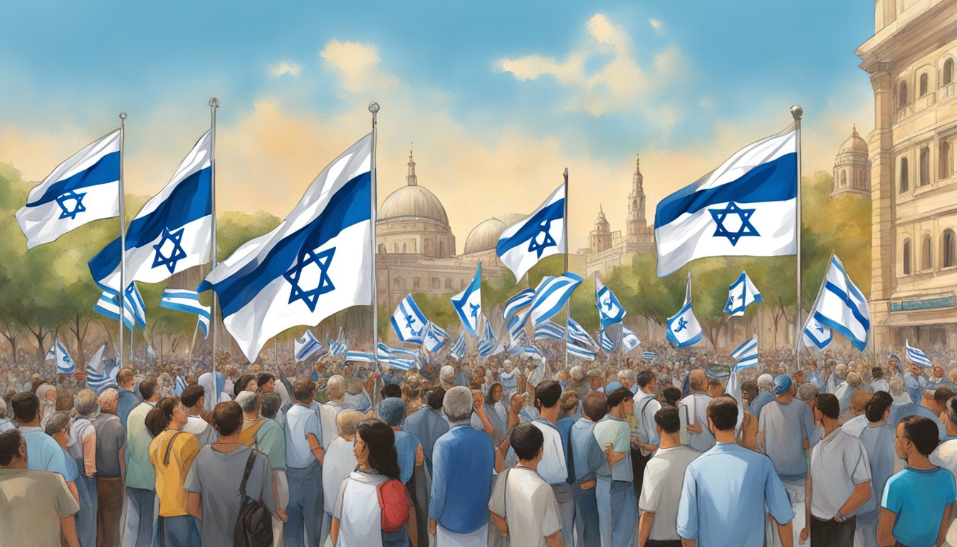 Rawlings displays support for Israel through flags and symbols in a crowded public square