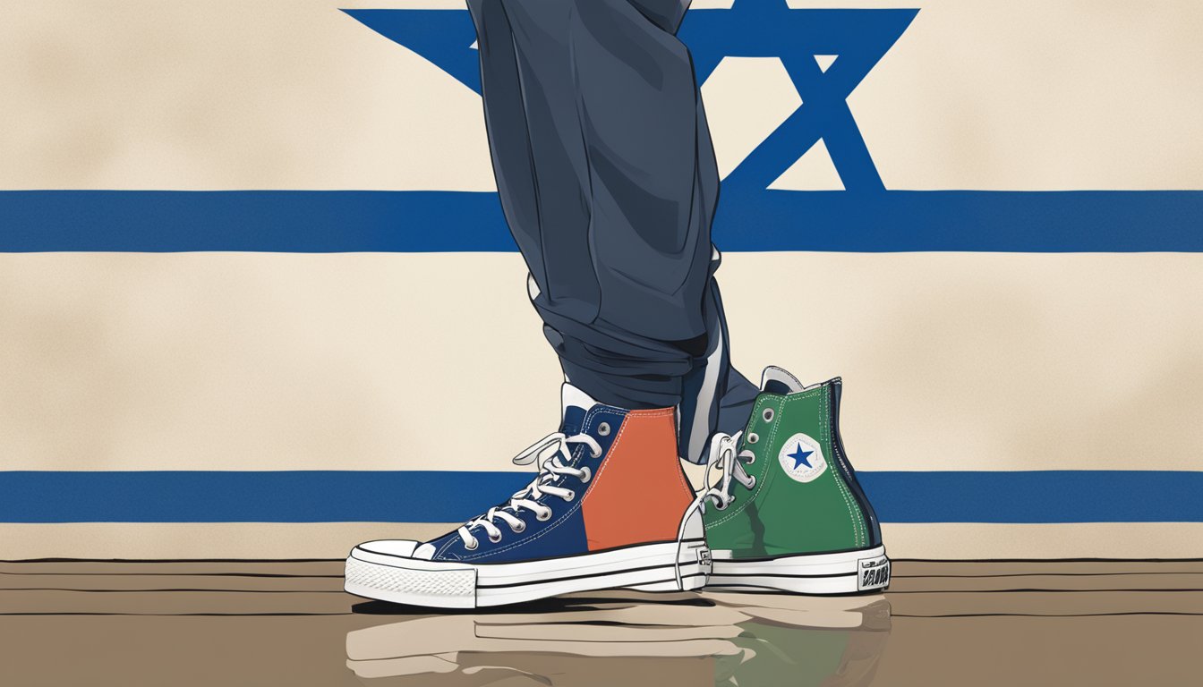 A person wearing Converse shoes standing in front of an Israeli flag