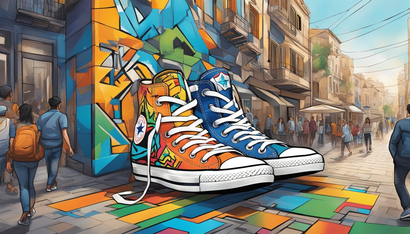 Converse's logo displayed prominently in an Israeli city, surrounded by vibrant street art and bustling urban activity